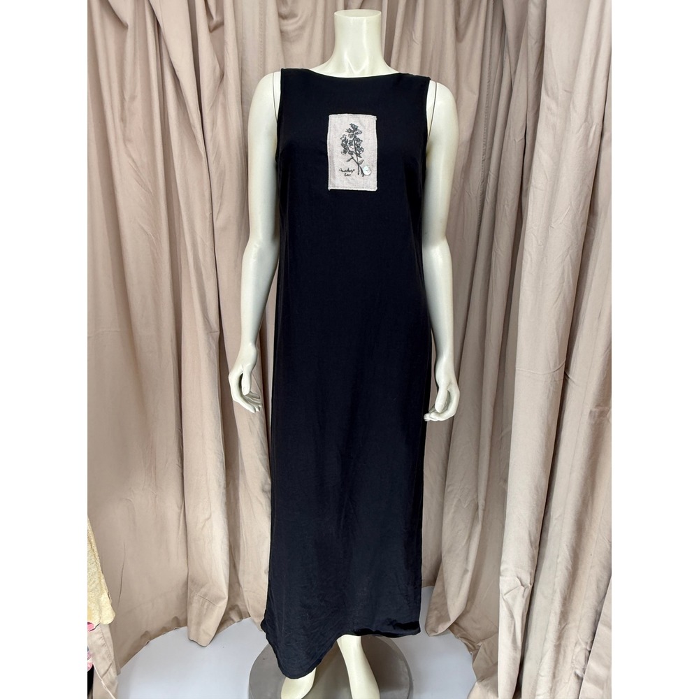 Vintage Nina Piccalino Black Linen Rayon Floral Patch Maxi Dress Size 10